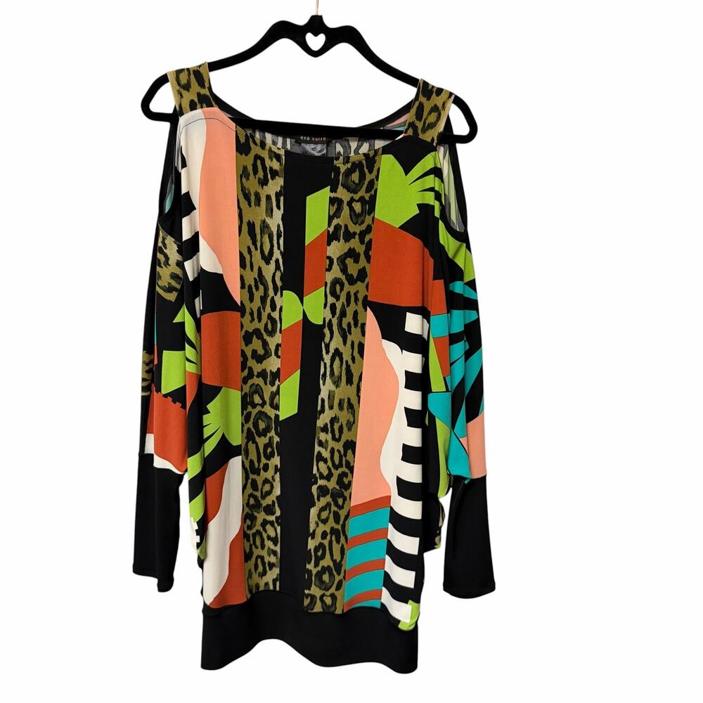 Eva Varro Cold Shoulder Spandex Blend Multi Abstract Mixed Print Tunic Top Large